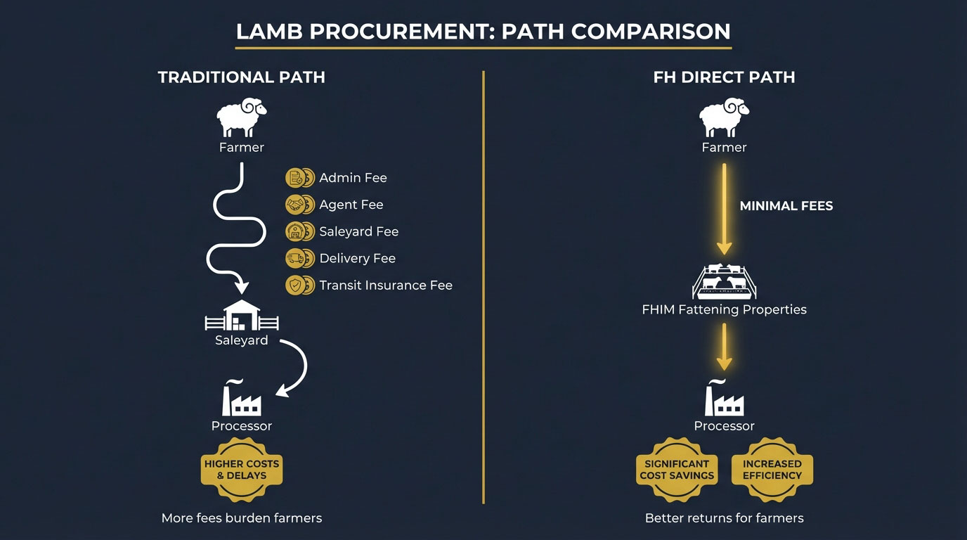 Lamb procurement path comparison showing Traditional Path versus FH Direct Path and associated fees and outcomes.